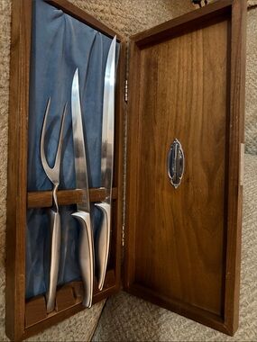 VintageTowle Silver Carving Knife and Fork Set with walnut wood Case